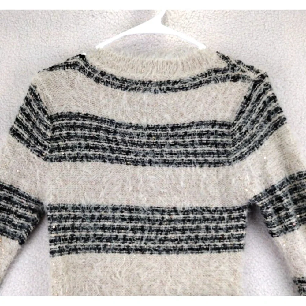 Mirumi Striped Fuzzy Knit Sweater‎ Dress Long Sleeve Sparkle V Neck M